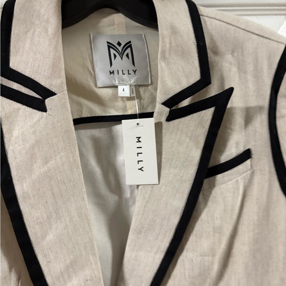 Milly Beige Solid Linen-Blend On Button Blazer wi… - image 5